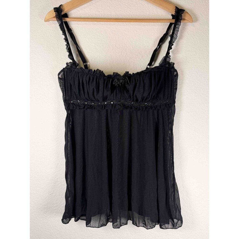 Vintage Y2K Black Mesh Babydoll Lingerie Top L Mall Goth Coquette Ruffle Cami